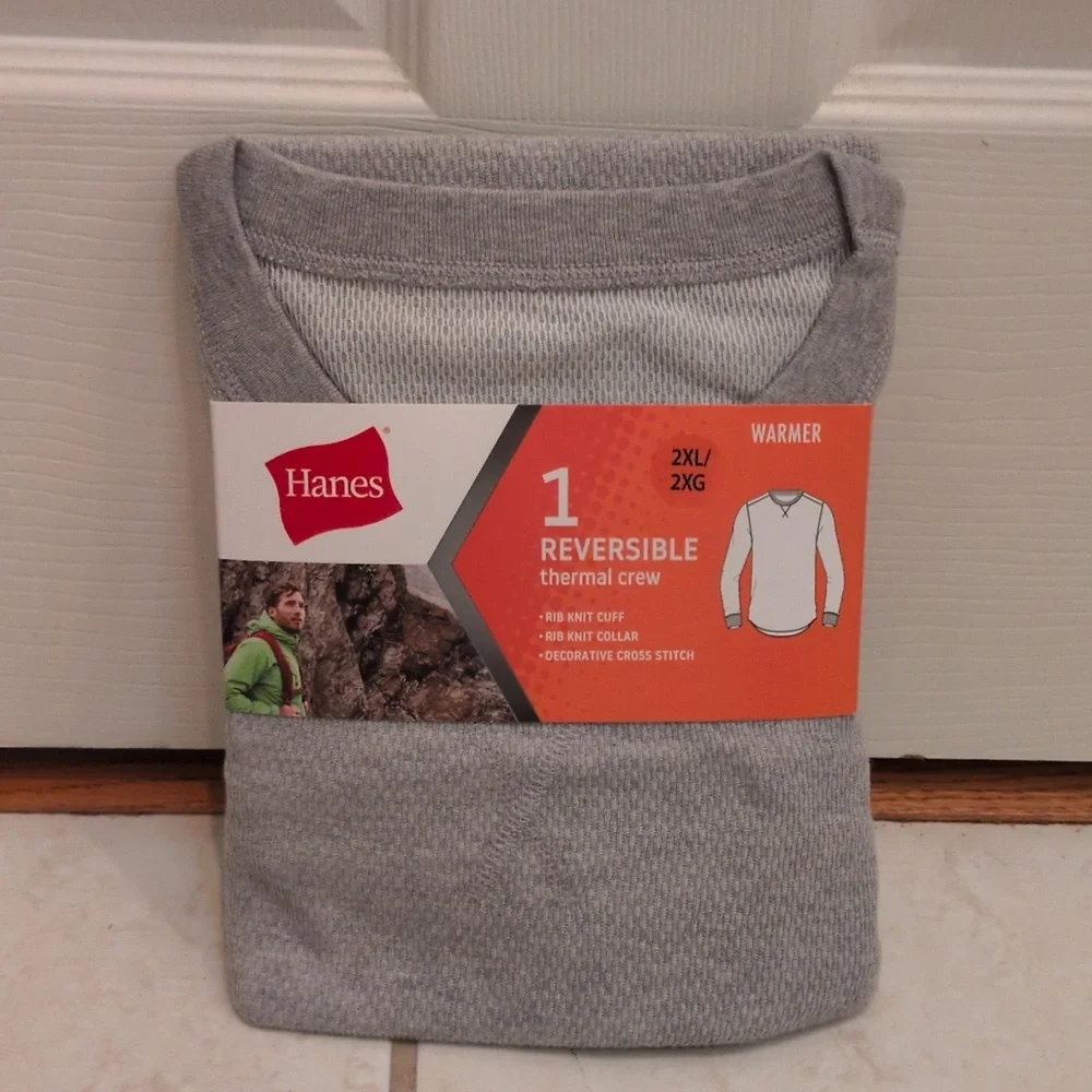 Hanes Men's Reversible Thermal Crew Men's Gray Long Sleeve Size 2X Shirt